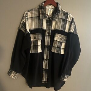 daydreaming fleece Shacket Lilyful Contrast Navy Plaid patchwork Layering Top nu